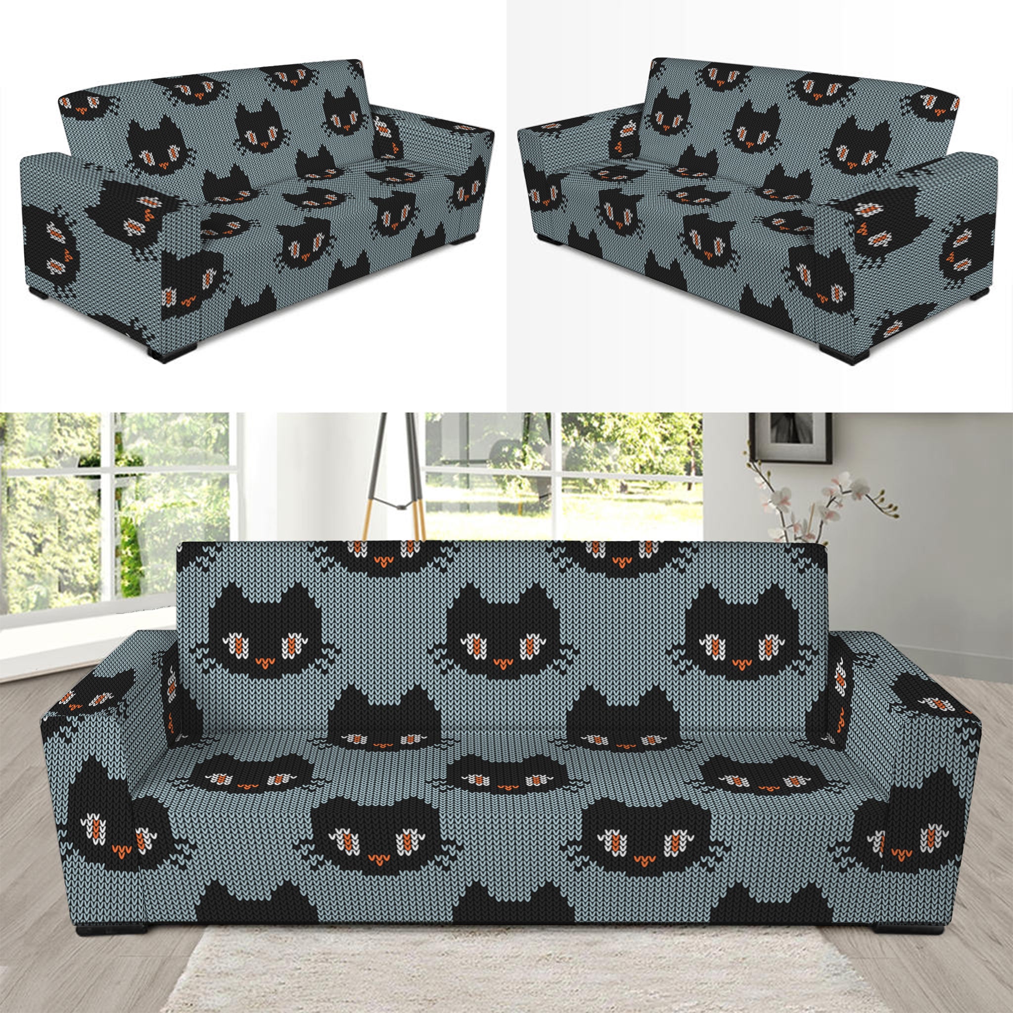 Black Cat Knitted Pattern Print Sofa Slipcover