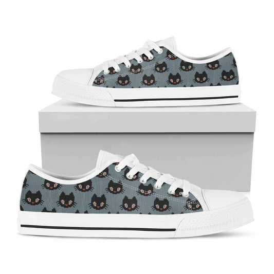 Black Cat Knitted Pattern Print White Low Top Shoes