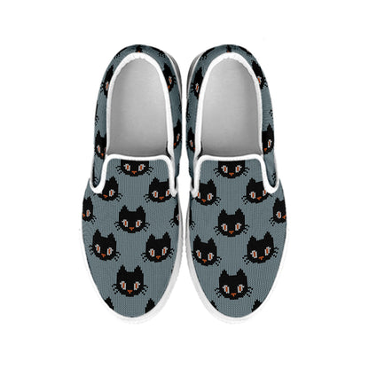 Black Cat Knitted Pattern Print White Slip On Shoes
