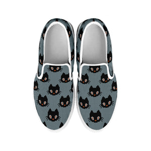 Black Cat Knitted Pattern Print White Slip On Shoes
