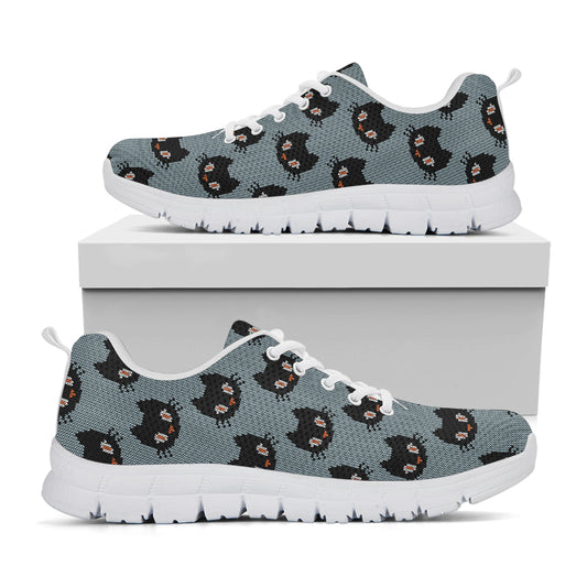 Black Cat Knitted Pattern Print White Sneakers