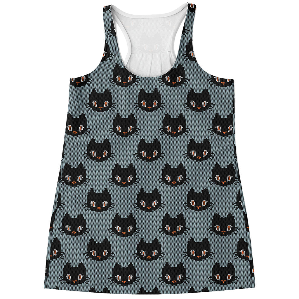 Black Cat Knitted Pattern Print Women's Racerback Tank Top