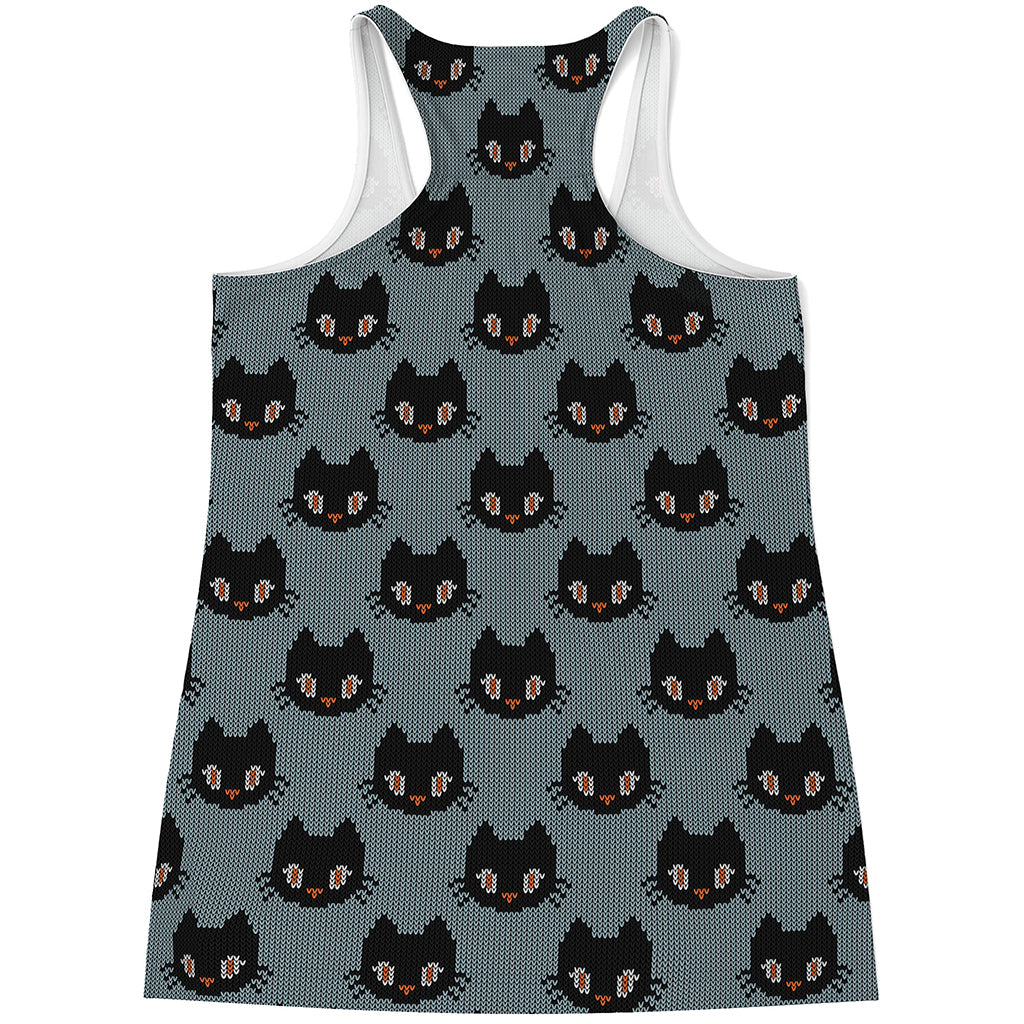 Black Cat Knitted Pattern Print Women's Racerback Tank Top