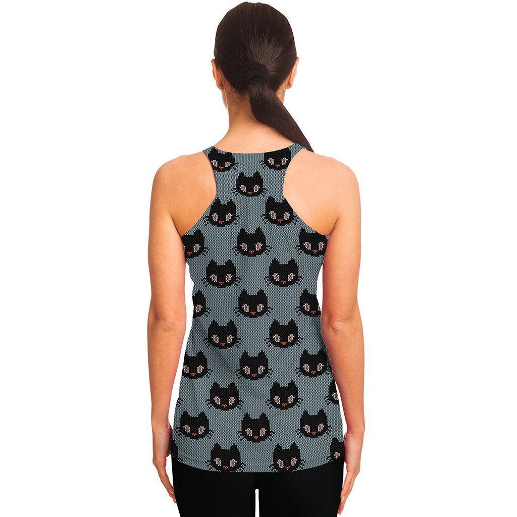 Black Cat Knitted Pattern Print Women's Racerback Tank Top