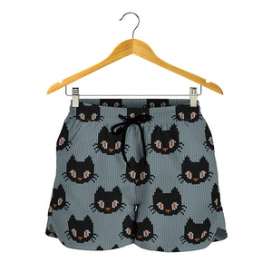 Black Cat Knitted Pattern Print Women's Shorts