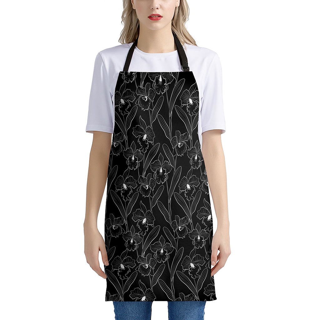 Black Cattleya Flower Pattern Print Apron