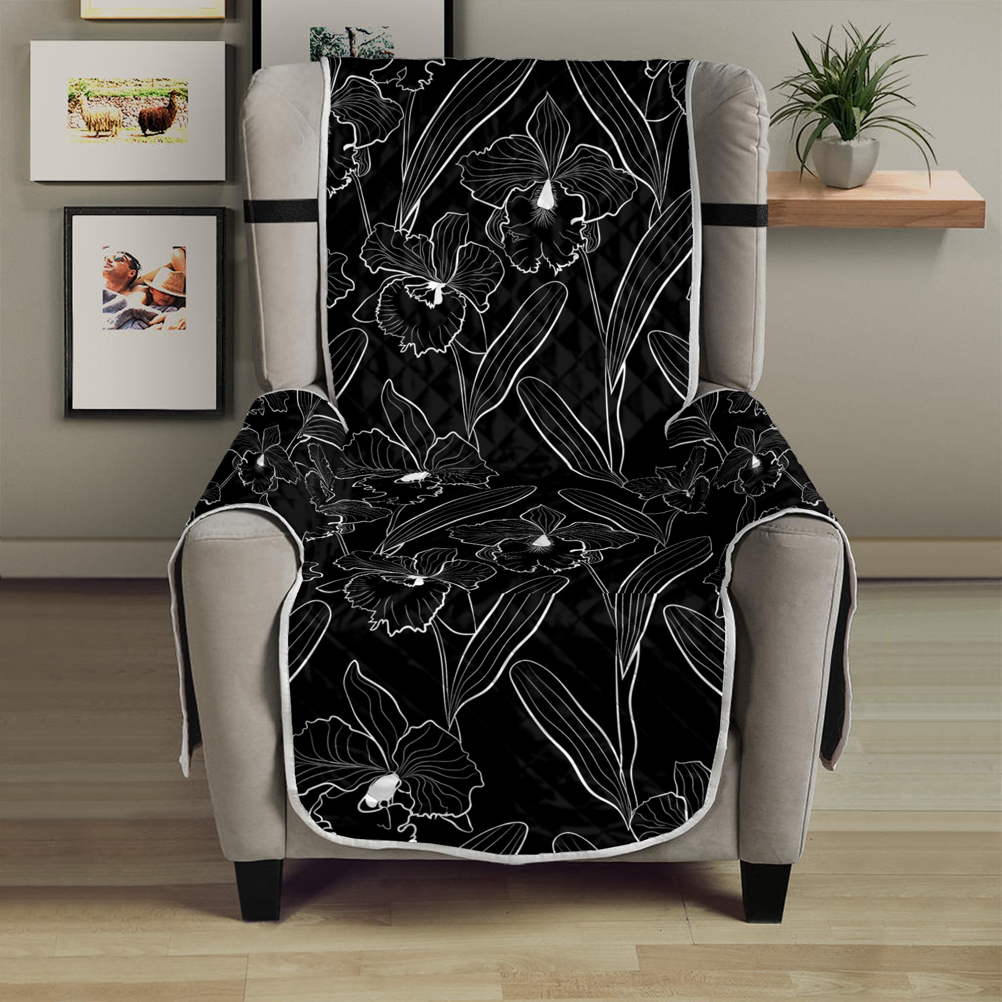 Black Cattleya Flower Pattern Print Armchair Protector