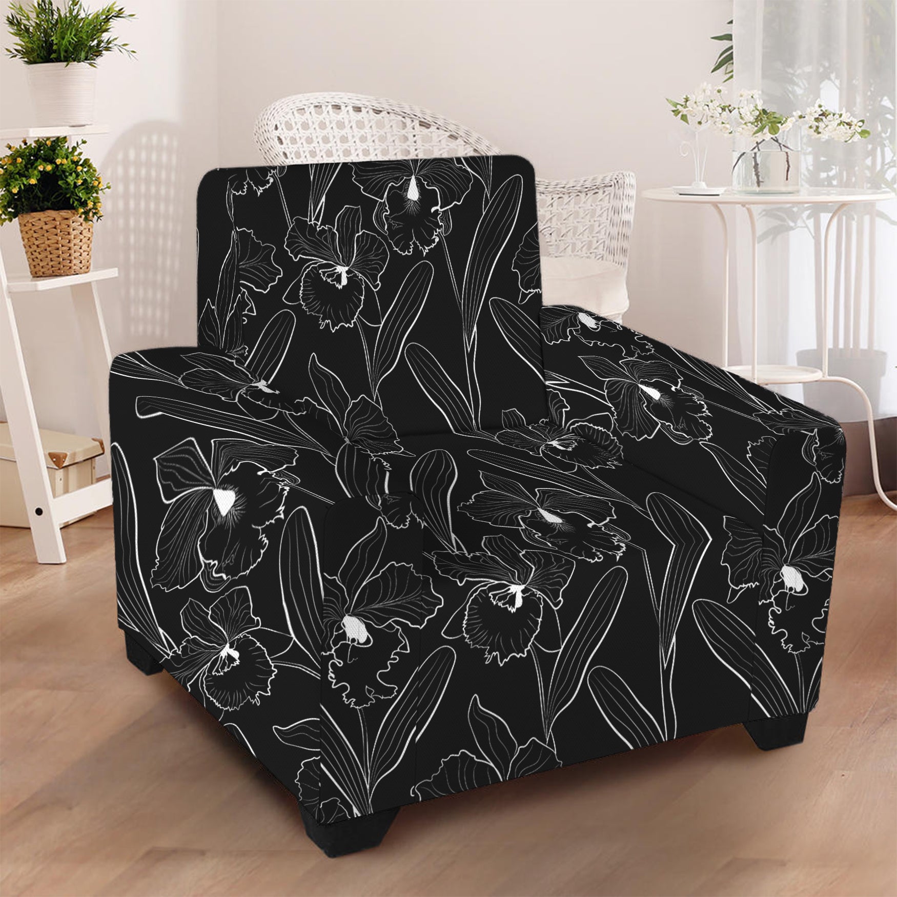 Black Cattleya Flower Pattern Print Armchair Slipcover