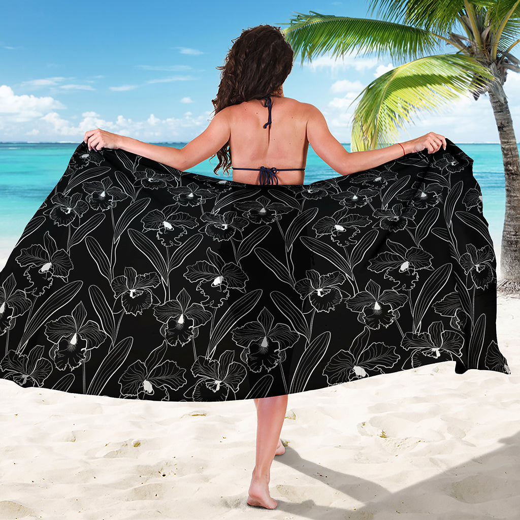 Black Cattleya Flower Pattern Print Beach Sarong Wrap