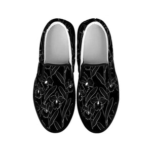 Black Cattleya Flower Pattern Print Black Slip On Shoes