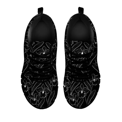 Black Cattleya Flower Pattern Print Black Sneakers