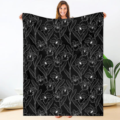 Black Cattleya Flower Pattern Print Blanket