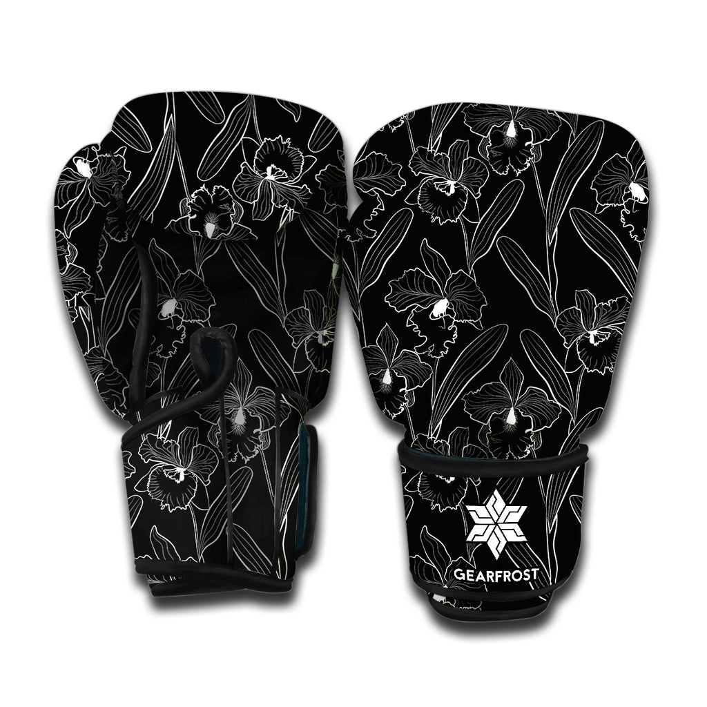 Black Cattleya Flower Pattern Print Boxing Gloves