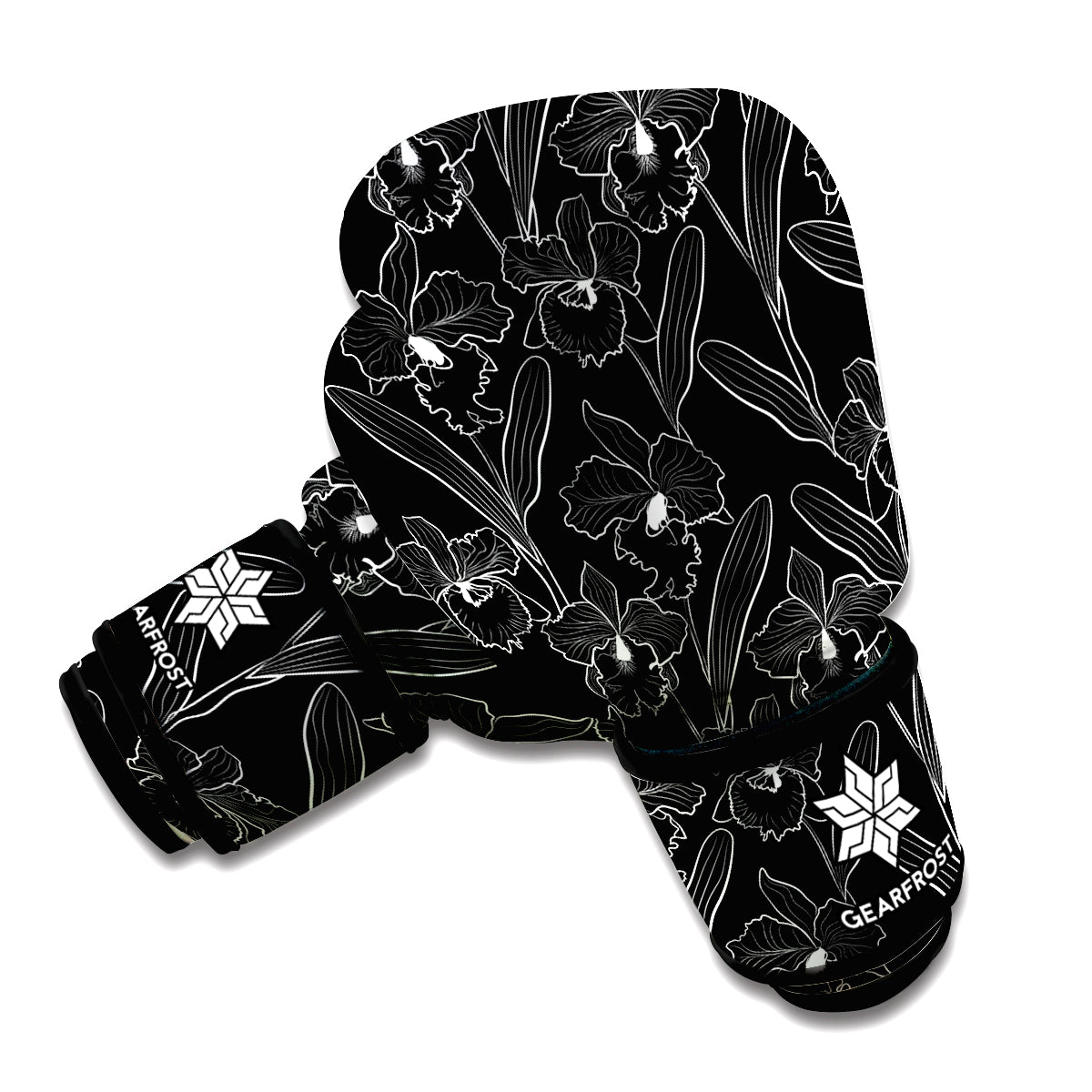 Black Cattleya Flower Pattern Print Boxing Gloves