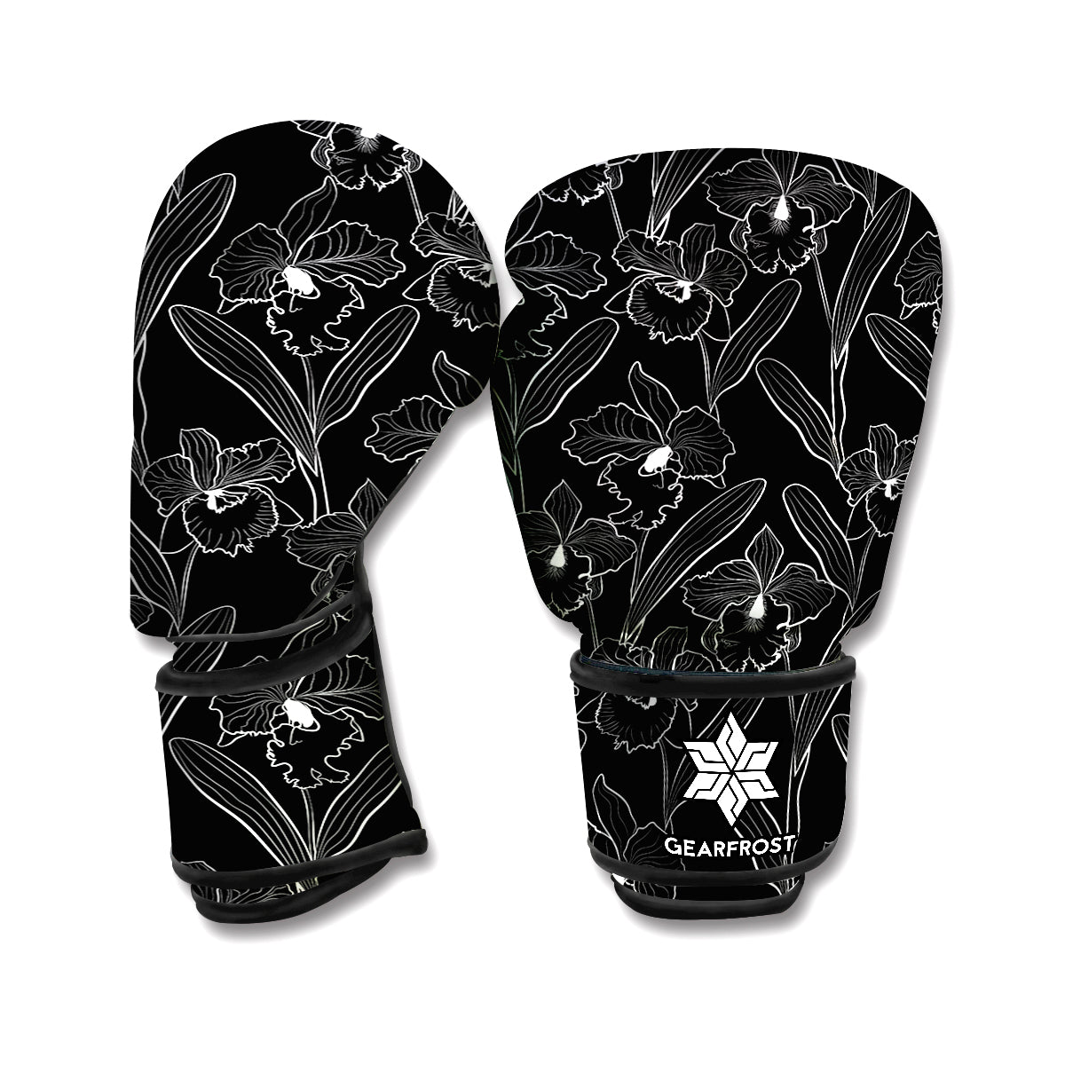 Black Cattleya Flower Pattern Print Boxing Gloves