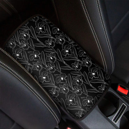 Black Cattleya Flower Pattern Print Car Center Console Cover