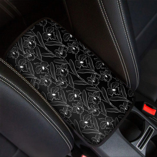 Black Cattleya Flower Pattern Print Car Center Console Cover