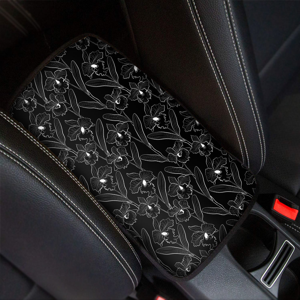 Black Cattleya Flower Pattern Print Car Center Console Cover