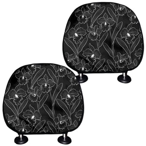 Black Cattleya Flower Pattern Print Car Headrest Covers