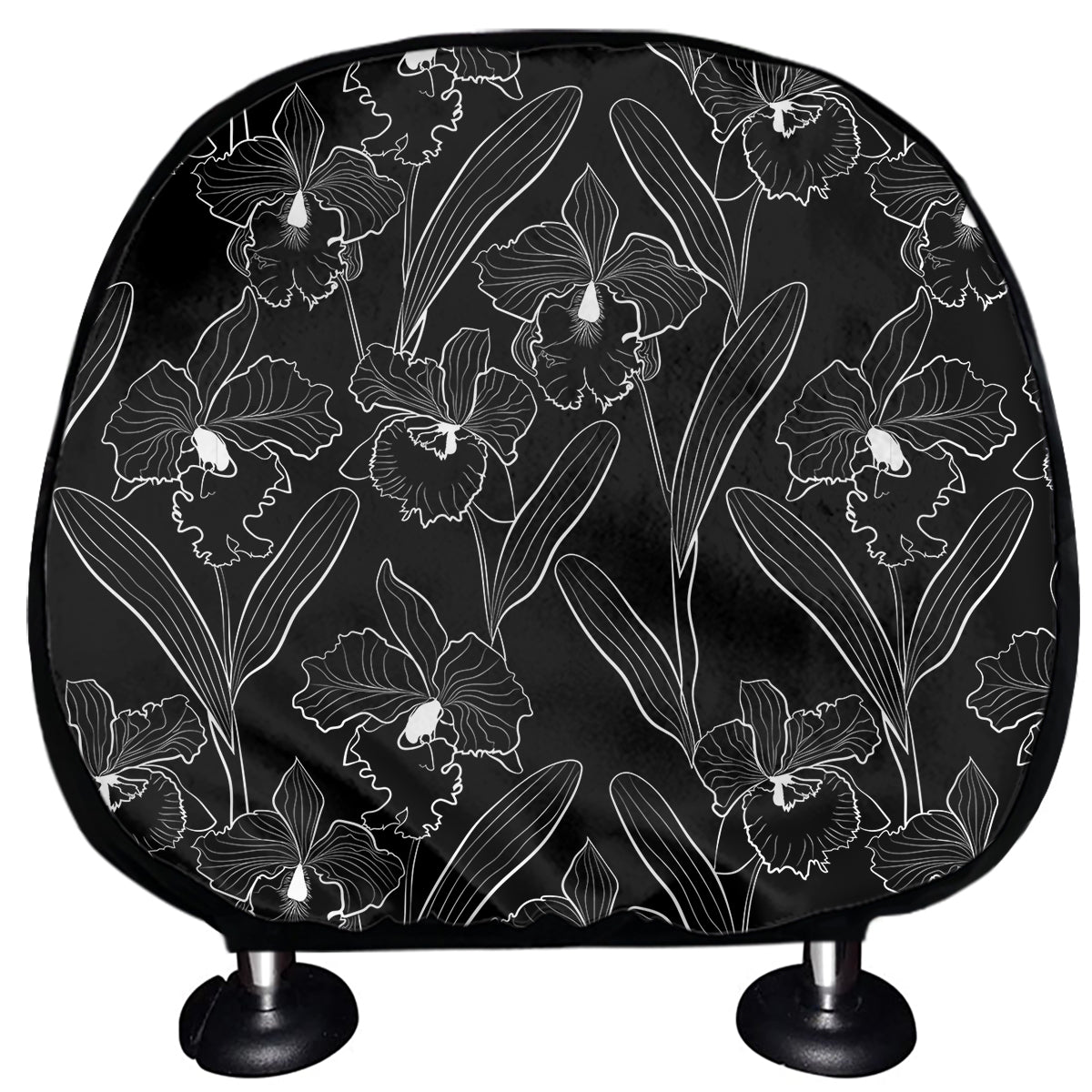 Black Cattleya Flower Pattern Print Car Headrest Covers