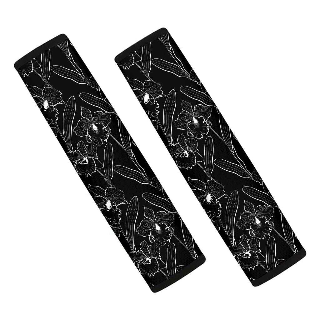 Black Cattleya Flower Pattern Print Car Seat Belt Covers