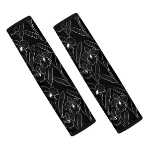 Black Cattleya Flower Pattern Print Car Seat Belt Covers
