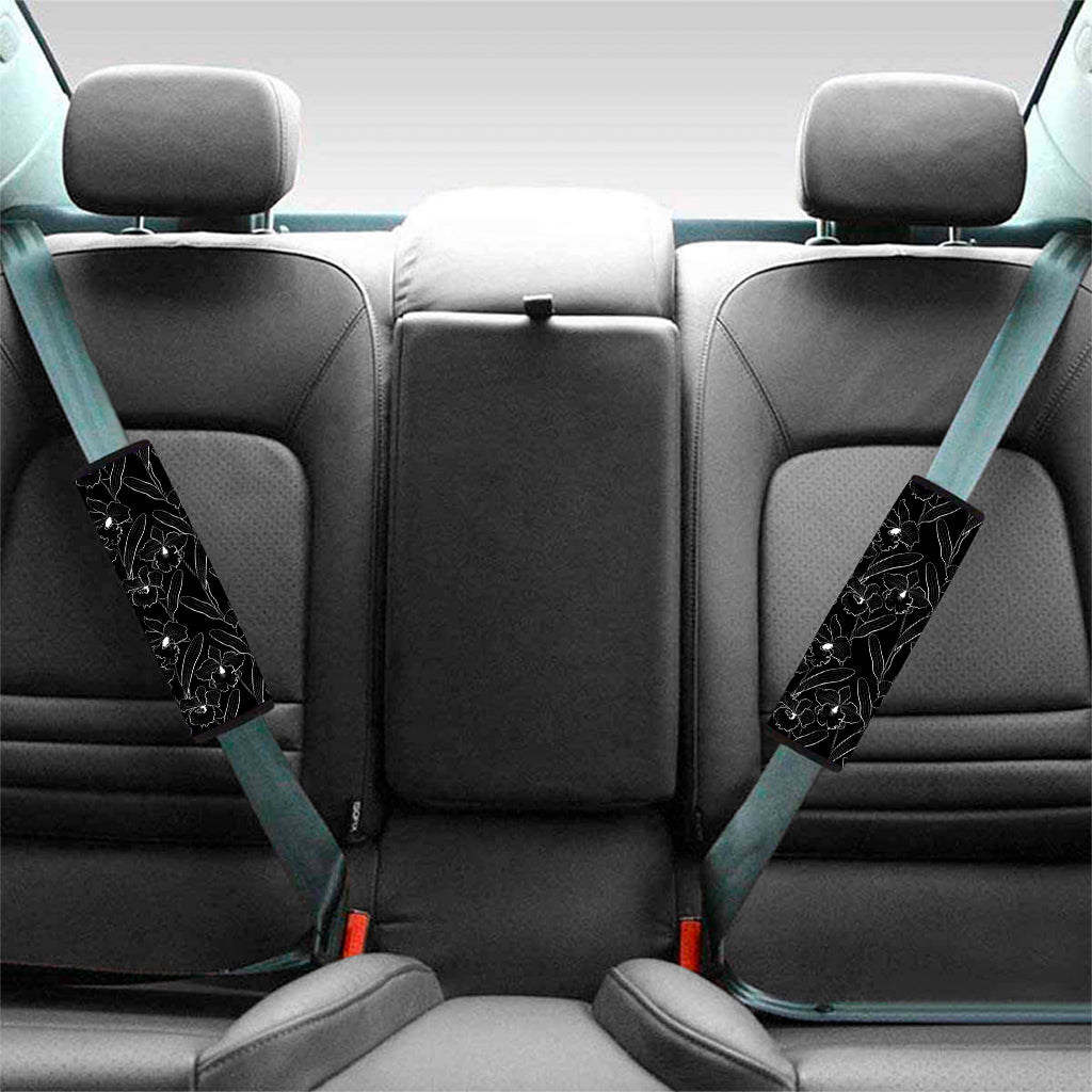 Black Cattleya Flower Pattern Print Car Seat Belt Covers