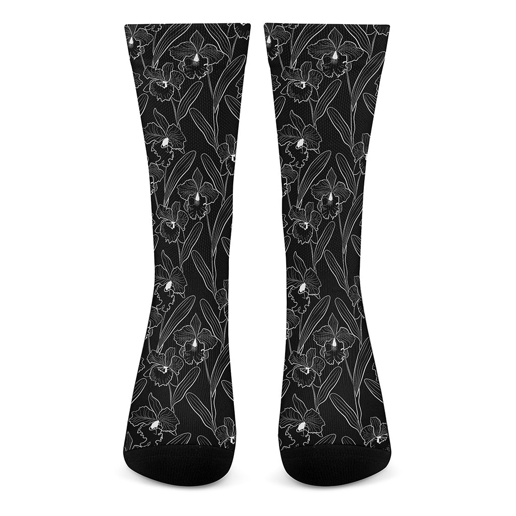 Black Cattleya Flower Pattern Print Crew Socks