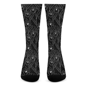 Black Cattleya Flower Pattern Print Crew Socks