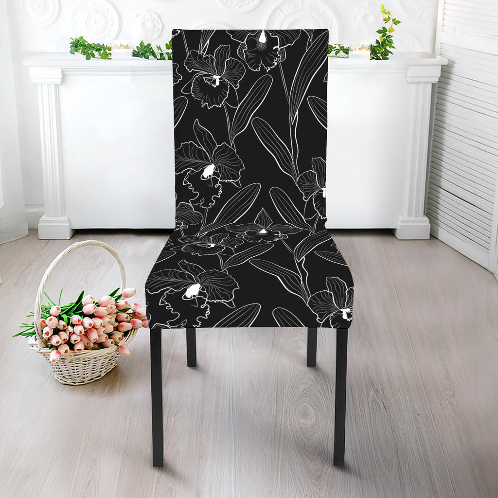 Black Cattleya Flower Pattern Print Dining Chair Slipcover