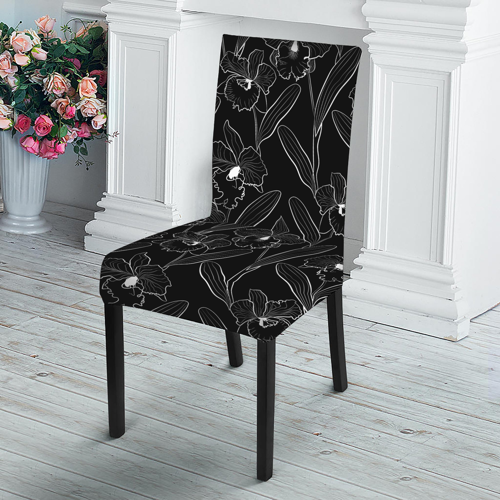 Black Cattleya Flower Pattern Print Dining Chair Slipcover