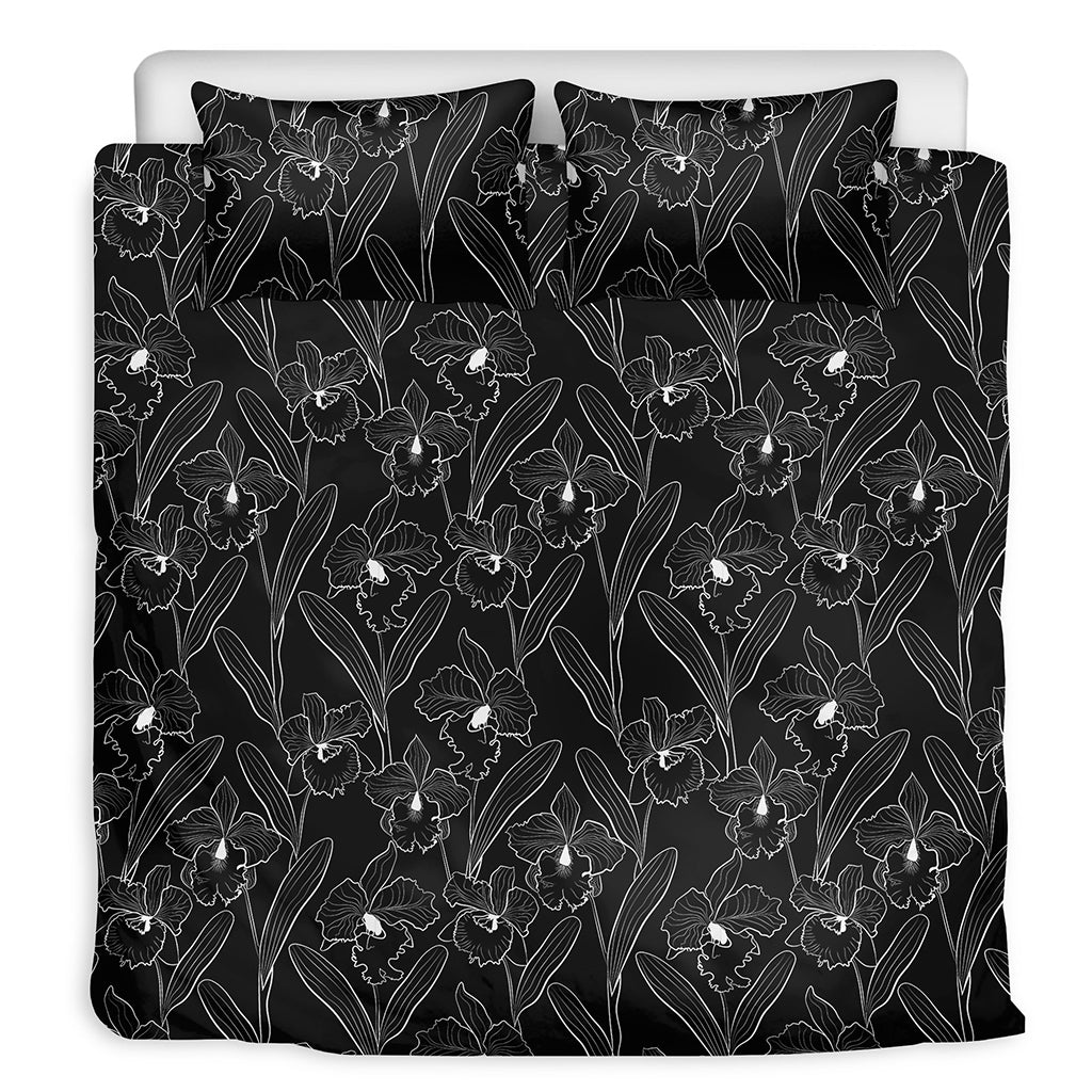 Black Cattleya Flower Pattern Print Duvet Cover Bedding Set