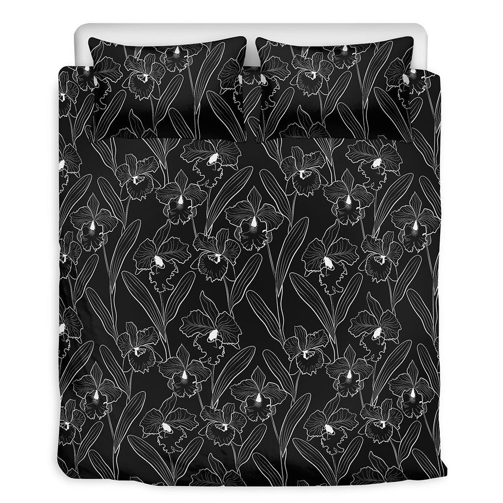 Black Cattleya Flower Pattern Print Duvet Cover Bedding Set