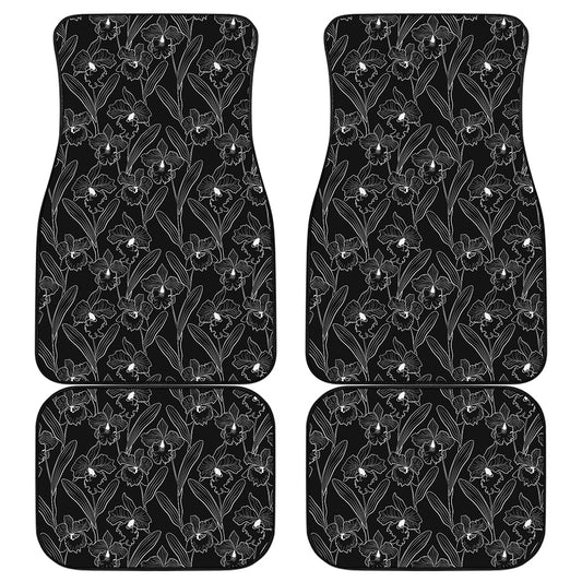 Black Cattleya Flower Pattern Print Front and Back Car Floor Mats