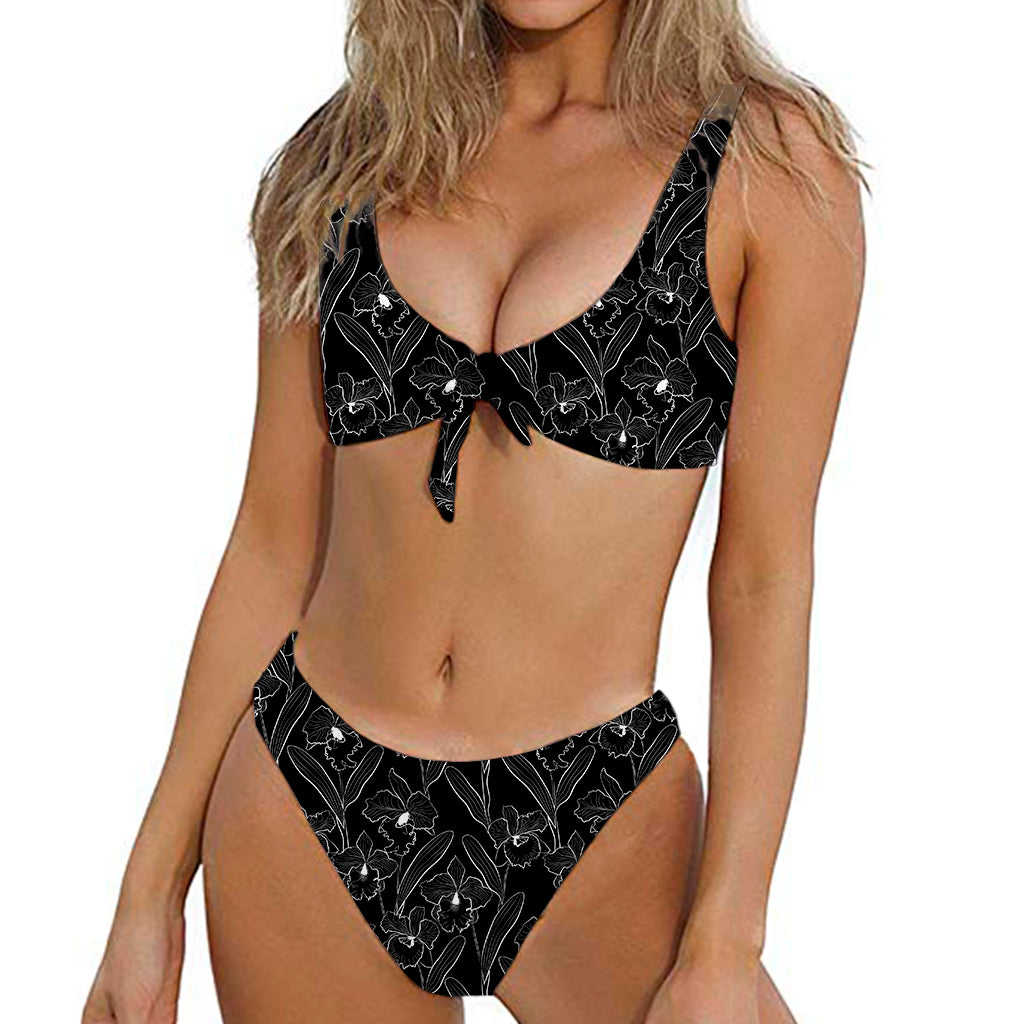 Black Cattleya Flower Pattern Print Front Bow Tie Bikini