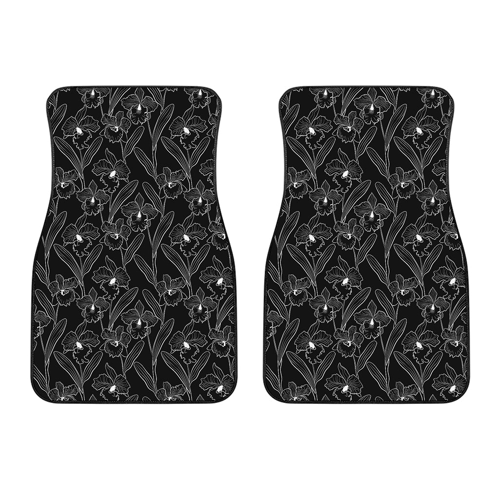 Black Cattleya Flower Pattern Print Front Car Floor Mats