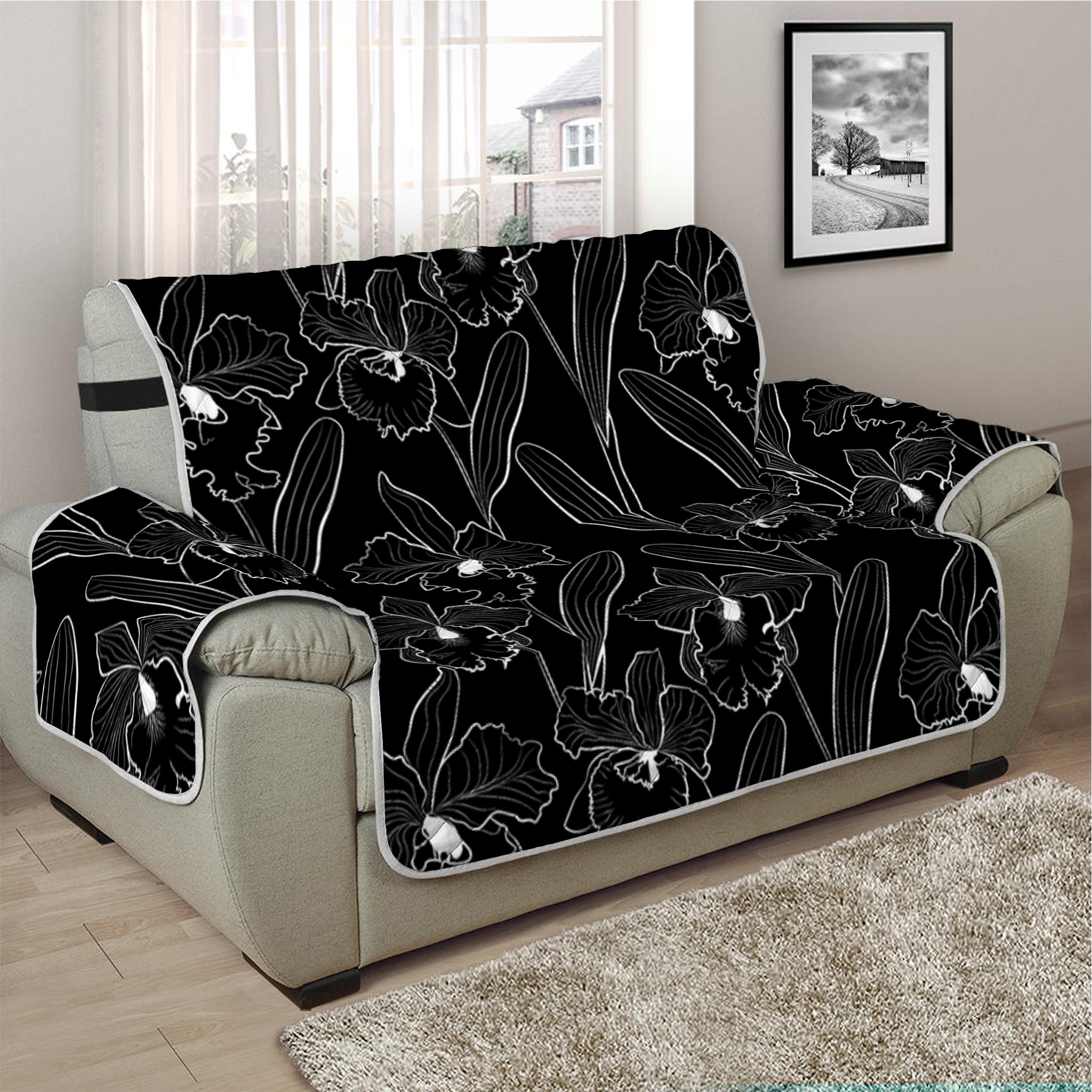 Black Cattleya Flower Pattern Print Half Sofa Protector