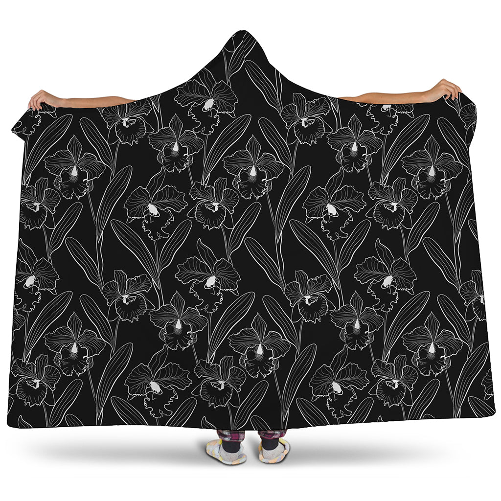 Black Cattleya Flower Pattern Print Hooded Blanket