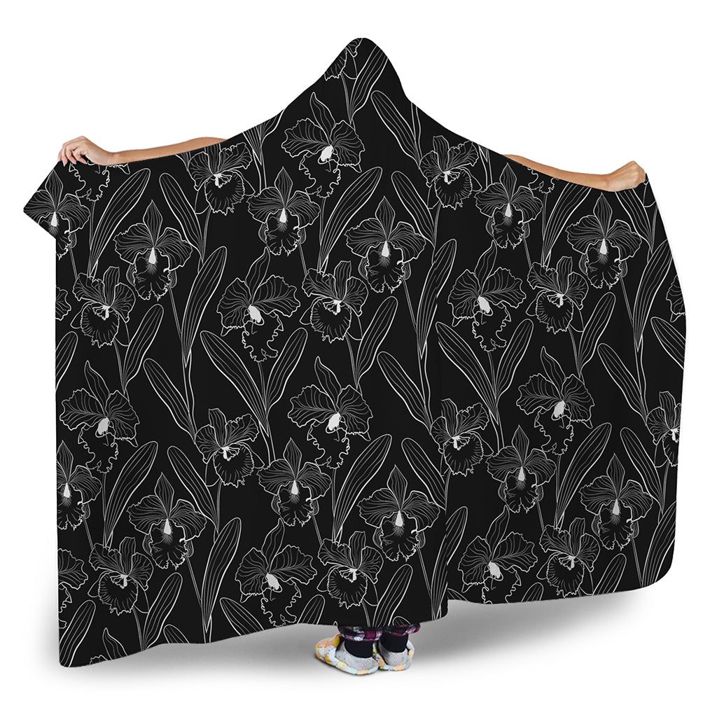 Black Cattleya Flower Pattern Print Hooded Blanket