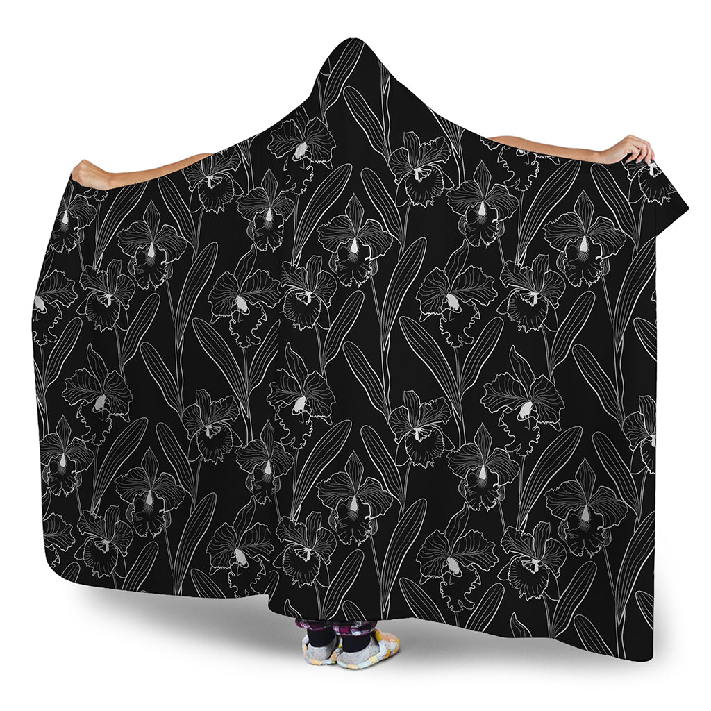 Black Cattleya Flower Pattern Print Hooded Blanket