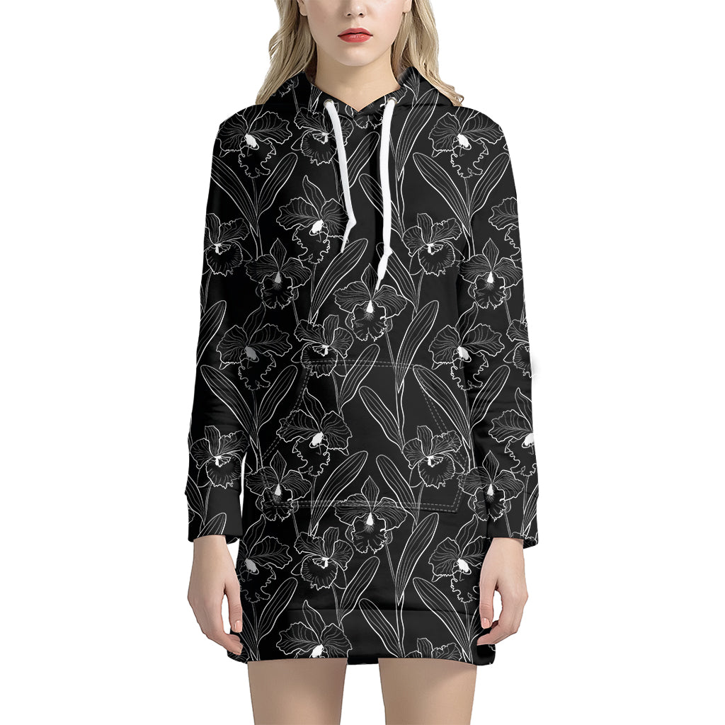 Black Cattleya Flower Pattern Print Hoodie Dress