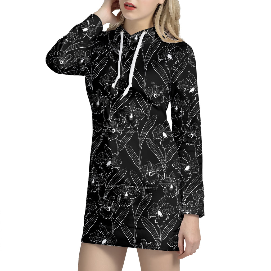 Black Cattleya Flower Pattern Print Hoodie Dress