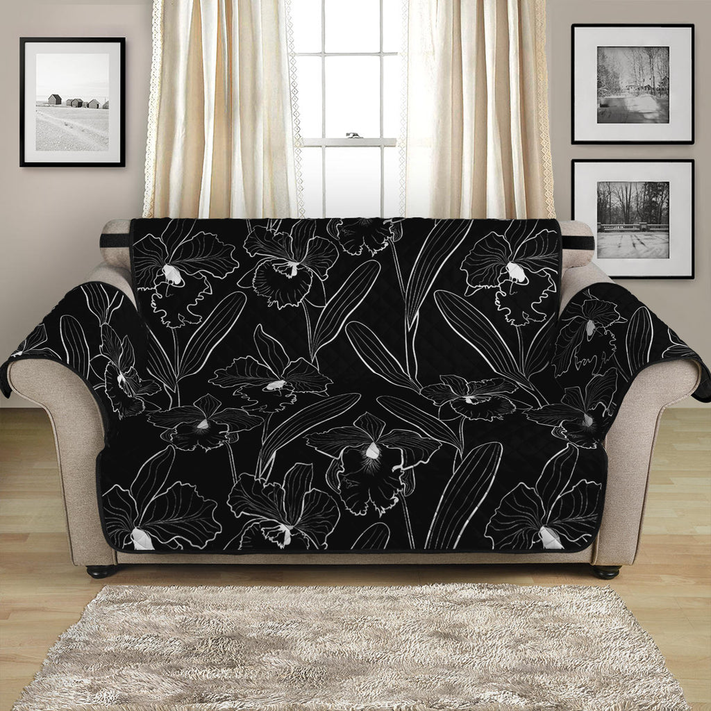 Black Cattleya Flower Pattern Print Loveseat Protector