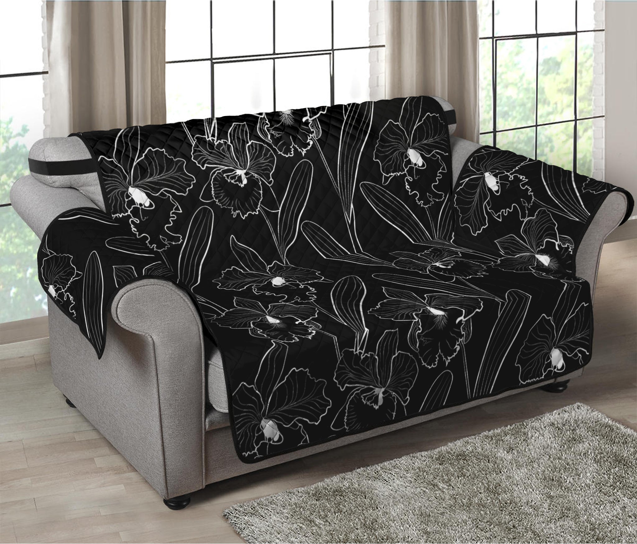 Black Cattleya Flower Pattern Print Loveseat Protector