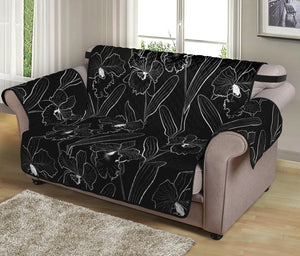 Black Cattleya Flower Pattern Print Loveseat Protector