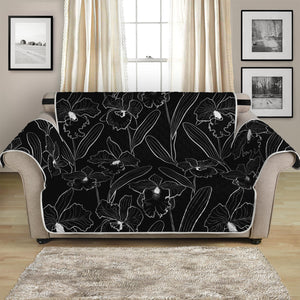 Black Cattleya Flower Pattern Print Loveseat Protector