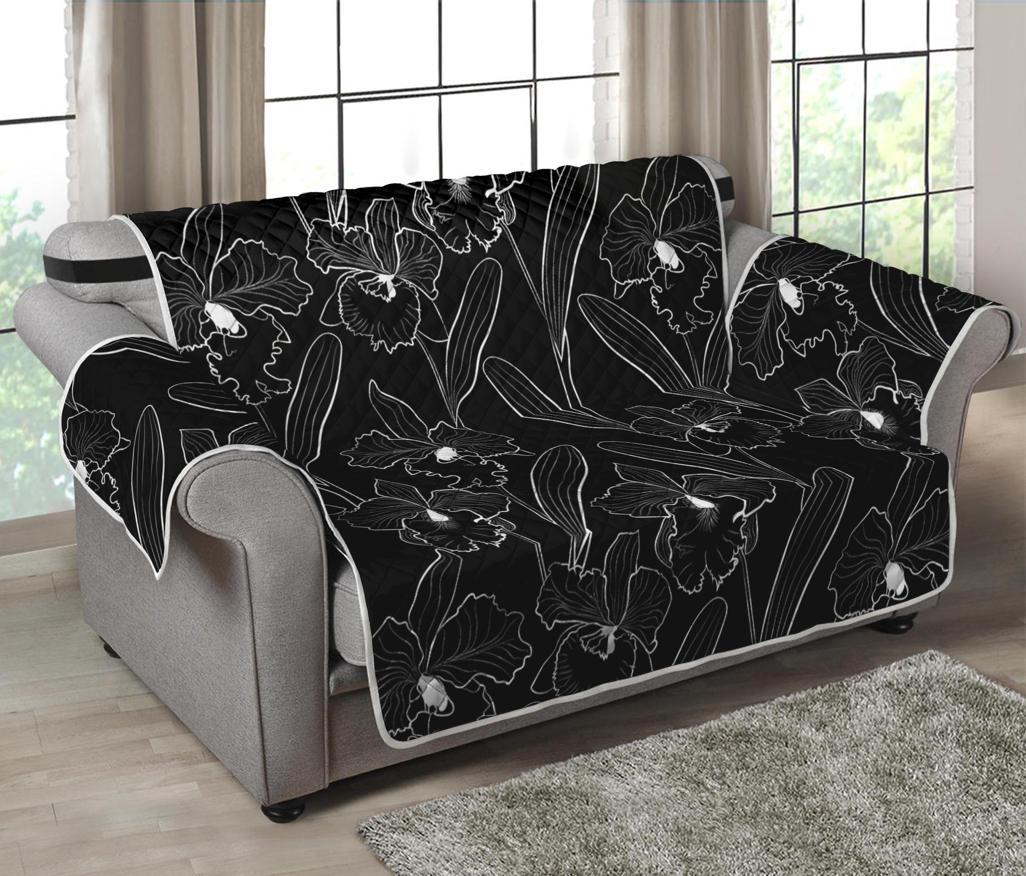 Black Cattleya Flower Pattern Print Loveseat Protector