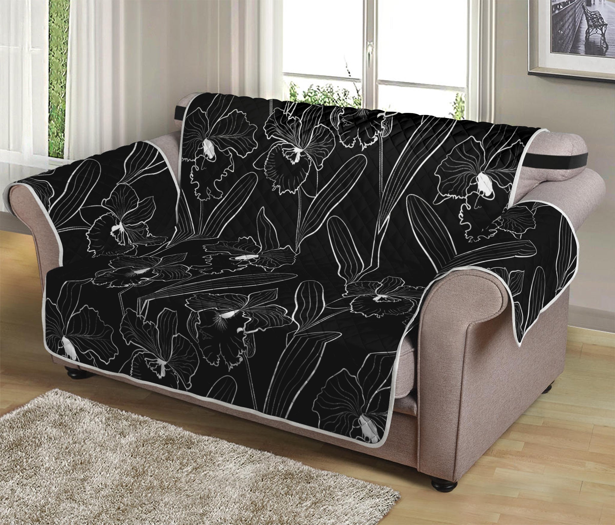 Black Cattleya Flower Pattern Print Loveseat Protector