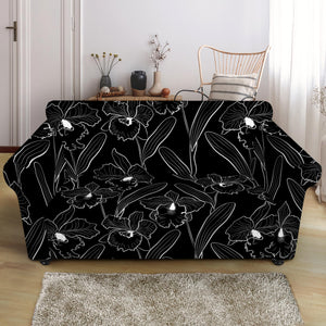 Black Cattleya Flower Pattern Print Loveseat Slipcover