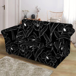 Black Cattleya Flower Pattern Print Loveseat Slipcover